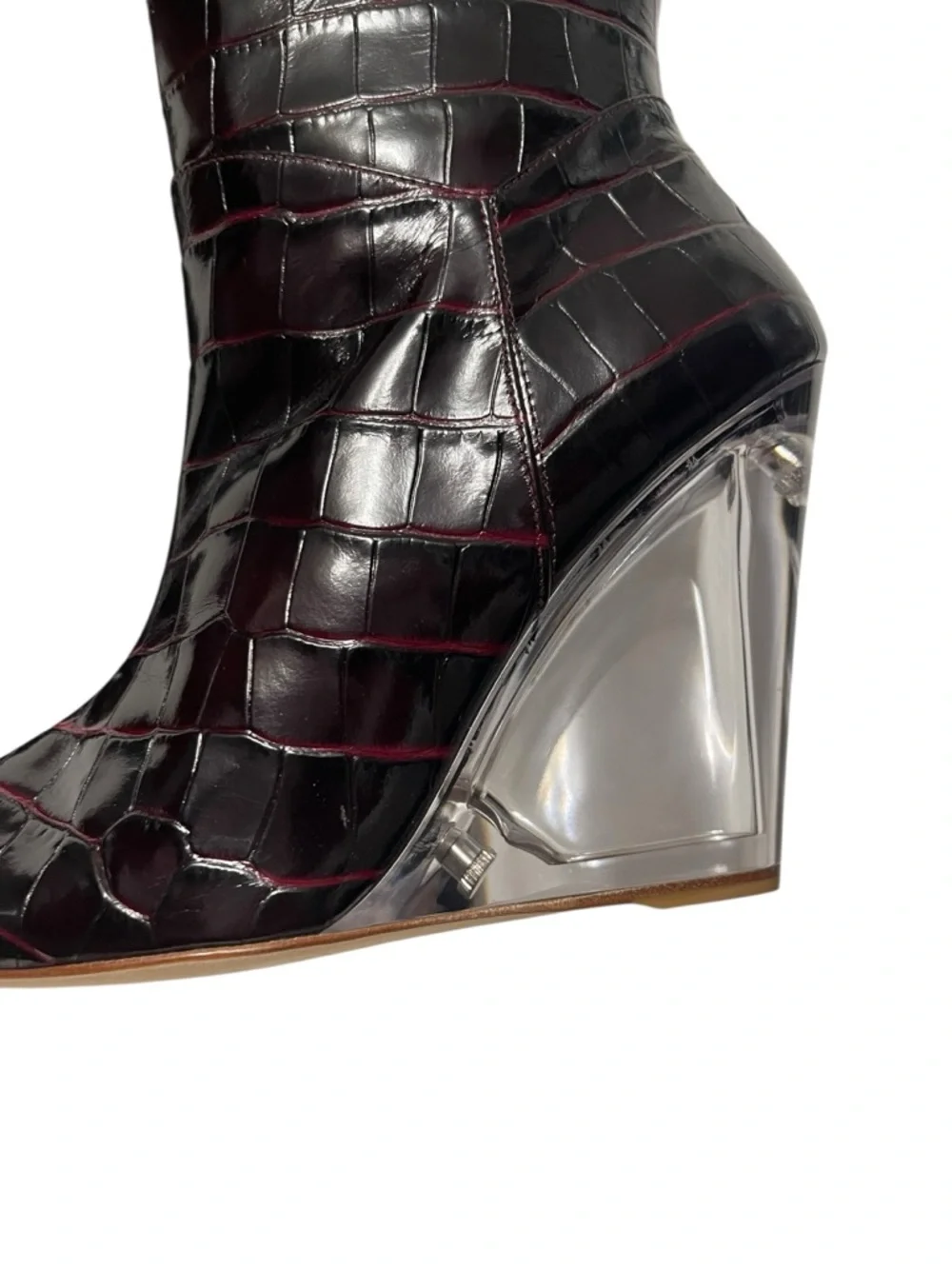 NWT STUART WEITZMAN Lucite 100mm Wedge Croc Embossed Thigh High Boots 7
